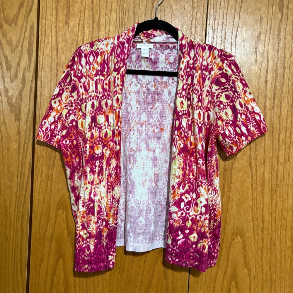Chicos 100% cotton lightweight spring cardigan short sleeve open front printed